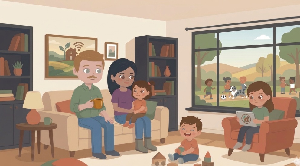 A warm family scene with parents and children in a bright living room during the day