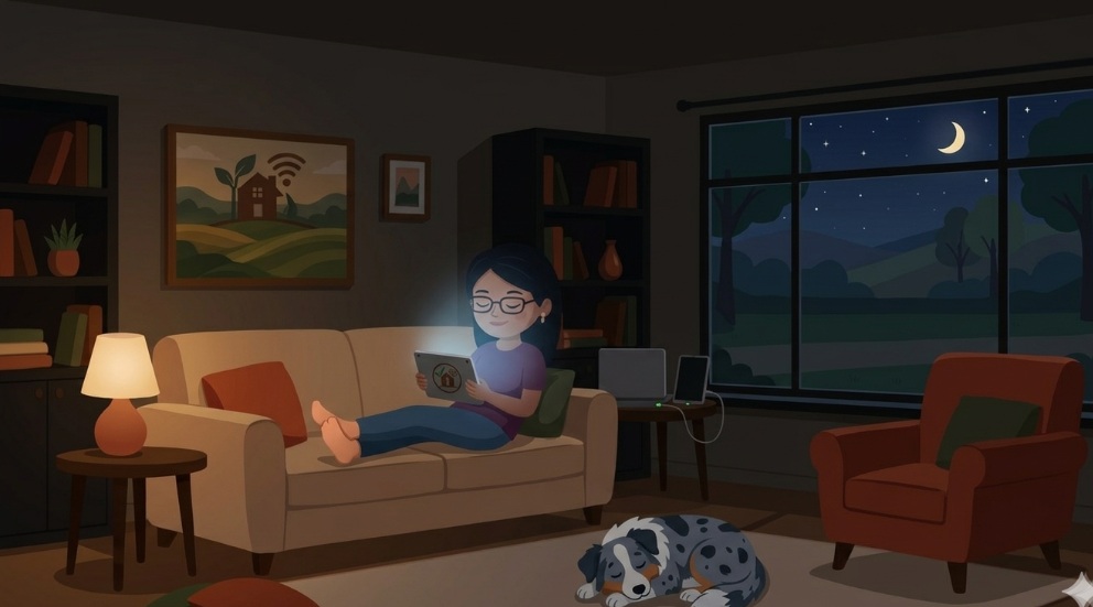 A cozy night scene with a woman relaxing on a sofa browsing a tablet while her dog sleeps nearby